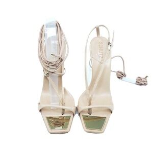 SCHUTZ Beige Strappy Heels with Gold Accents